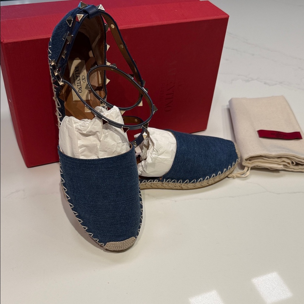 Valentino Garavani Denim Blue Espadrille Flats with Gold Rockstud Trim